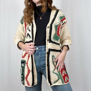 Vintage Oversized 3D Knit Embroidered Cardigan Sweater Long Boho Duster Jacket
